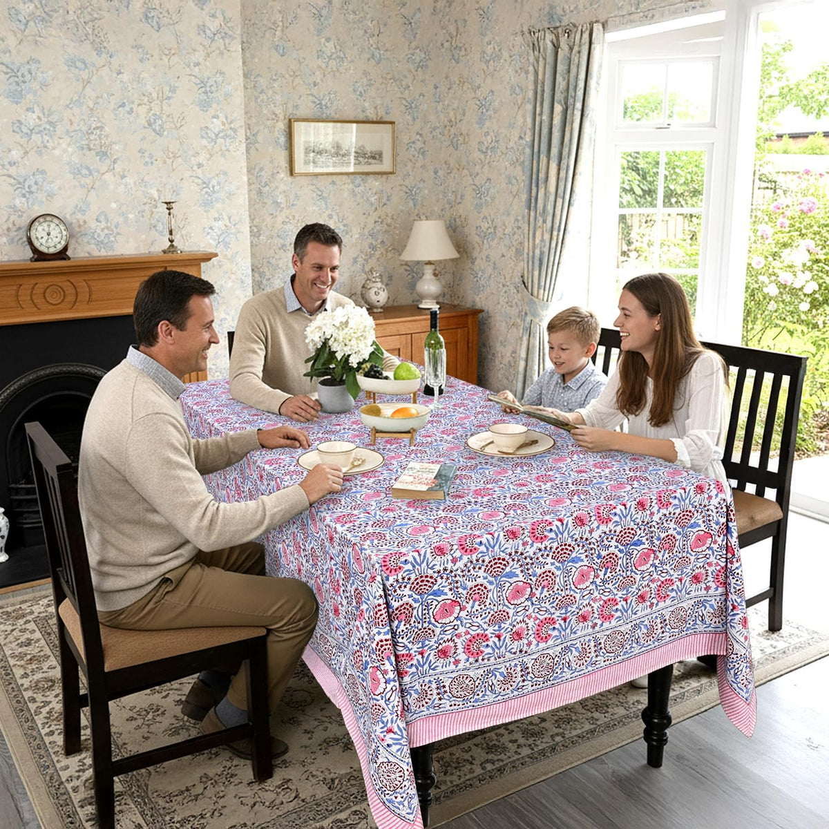 Blue & Pink Hand Block Print Cotton Square Tablecloth 60 x 60 Inch