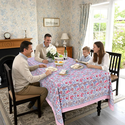 Blue & Pink Hand Block Print Cotton Square Tablecloth 60 x 60 Inch