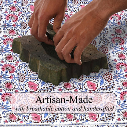 Blue & Pink Hand Block Print Cotton Square Tablecloth 60 x 60 Inch