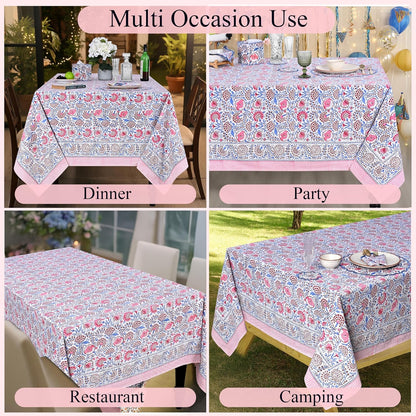 Blue & Pink Hand Block Print Cotton Square Tablecloth 60 x 60 Inch
