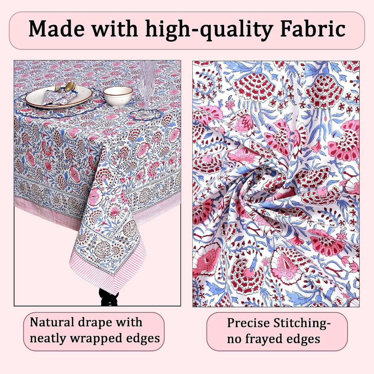 Blue & Pink Hand Block Print Cotton Square Tablecloth 60 x 60 Inch