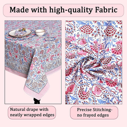 Blue & Pink Hand Block Print Cotton Square Tablecloth 60 x 60 Inch