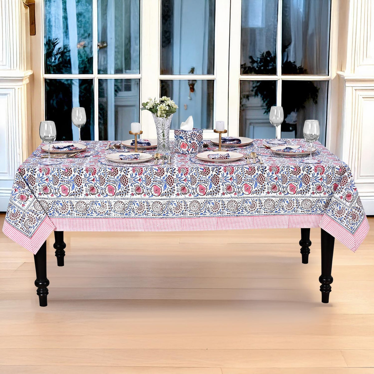 Blue & Pink Hand Block Print Cotton Square Tablecloth 60 x 60 Inch