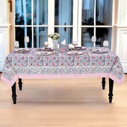 Blue & Pink Hand Block Print Cotton Square Tablecloth 60 x 60 Inch