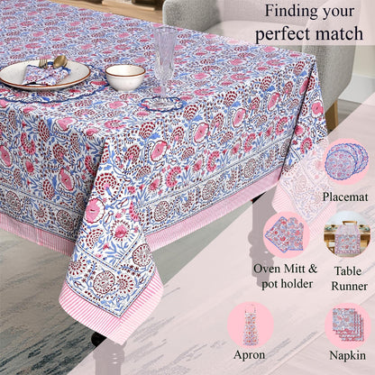 Blue & Pink Hand Block Print Cotton Square Tablecloth 60 x 60 Inch