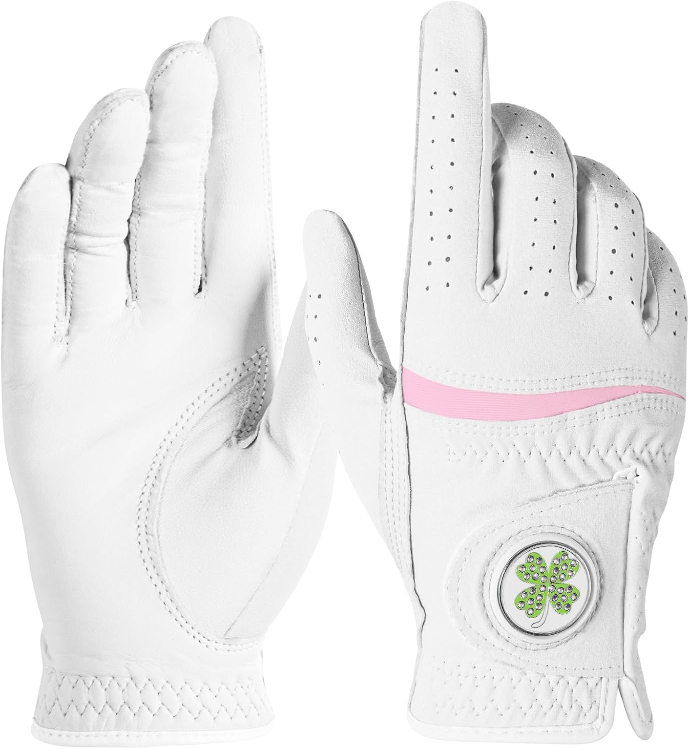 FINGER TEN Womens Golf Glove with Clover Ball Marker 1 Pack, All Weather Grip Microfiber & Leather Gloves for Ladies, Comfortable Breathable Fit for Left Hand or Right Hand in White Pink
