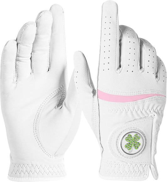 FINGER TEN Womens Golf Glove with Clover Ball Marker 1 Pack, All Weather Grip Microfiber & Leather Gloves for Ladies, Comfortable Breathable Fit for Left Hand or Right Hand in White Pink