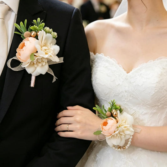 Corsage and Boutonniere Set for Prom Wedding, Peach Ivory Wrist Corsage Bracelet and Men Boutonniere Artificial Flower Set