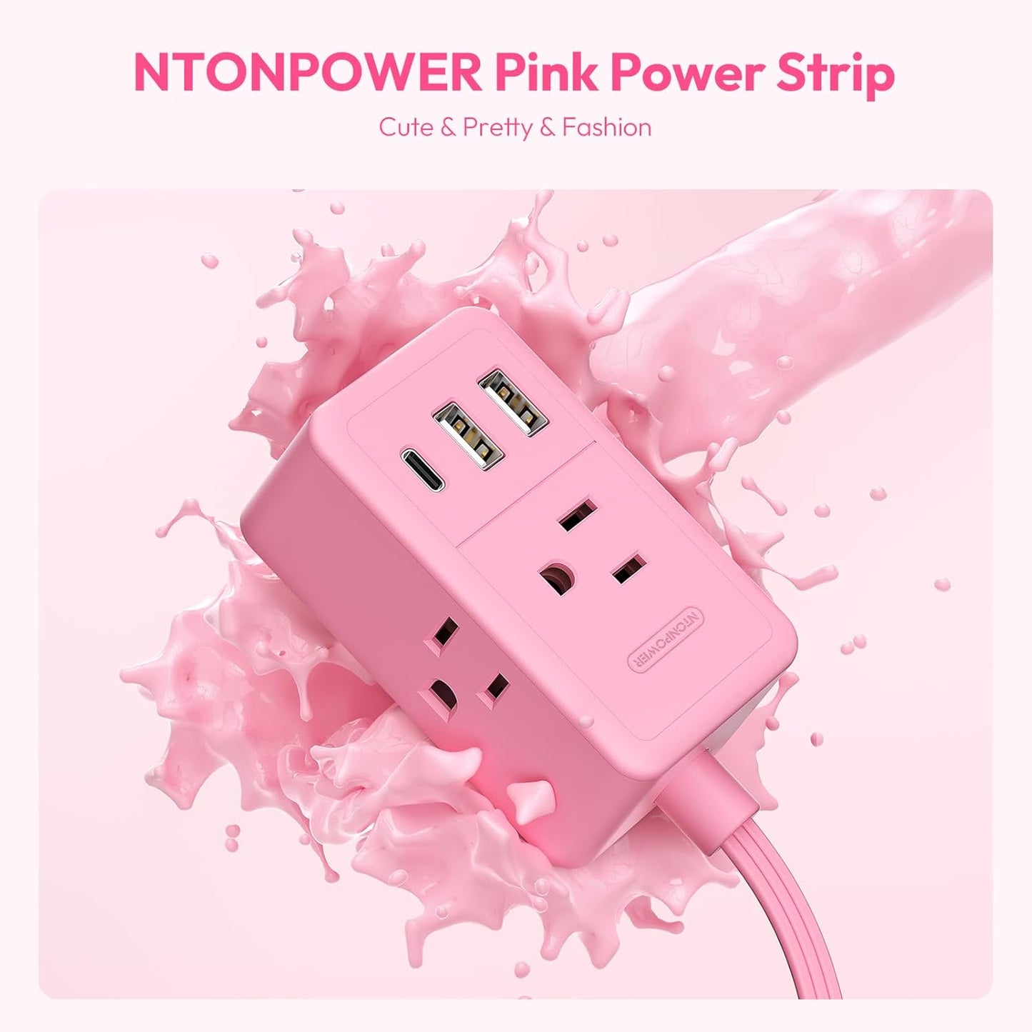 NTONPOWER Pink Extension Cord 15 ft, Pink Power Strip Flat Wall Plug with 3 Outlets 3 USB (1 USB C), Flat Extension Cord for Home Office Dorm Room Essentials