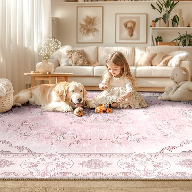 Rug 9x12 with Vintage Floral Printed Pattern Machine Washable Non-Slip Rugs for Living Room and Bedroom Peach Pink