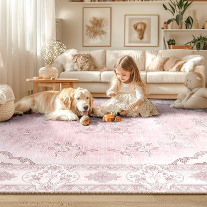 Rug 9x12 with Vintage Floral Printed Pattern Machine Washable Non-Slip Rugs for Living Room and Bedroom Peach Pink