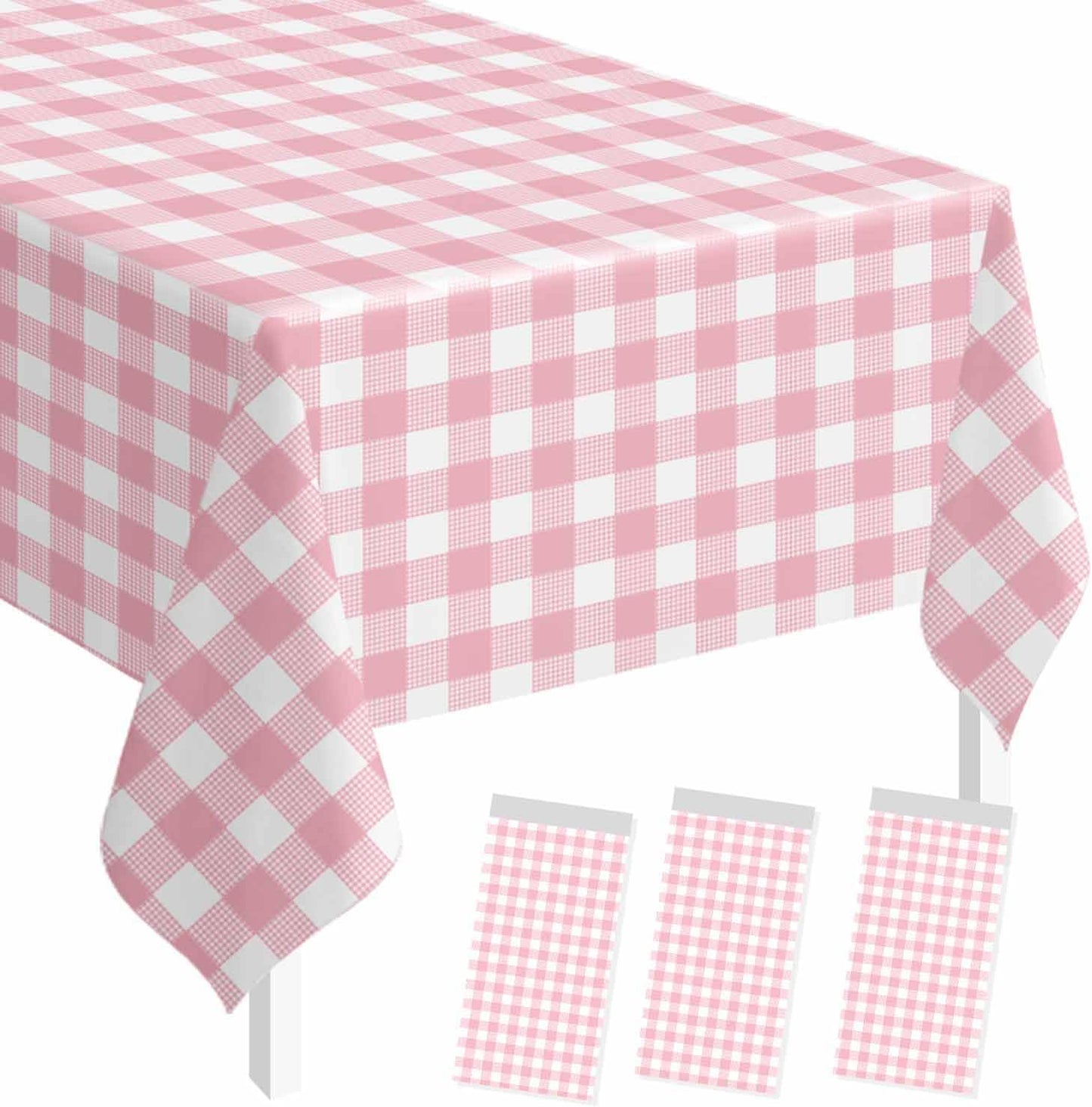 SietDESEO 3 Pack Light Pink Gingham Tablecloth Rectangle 54 x 108 Pink and White Checkered Table Cloth Disposable Plaid Table Cover Plastic for Birthday Baby Shower Picnic Wedding Party Supplies