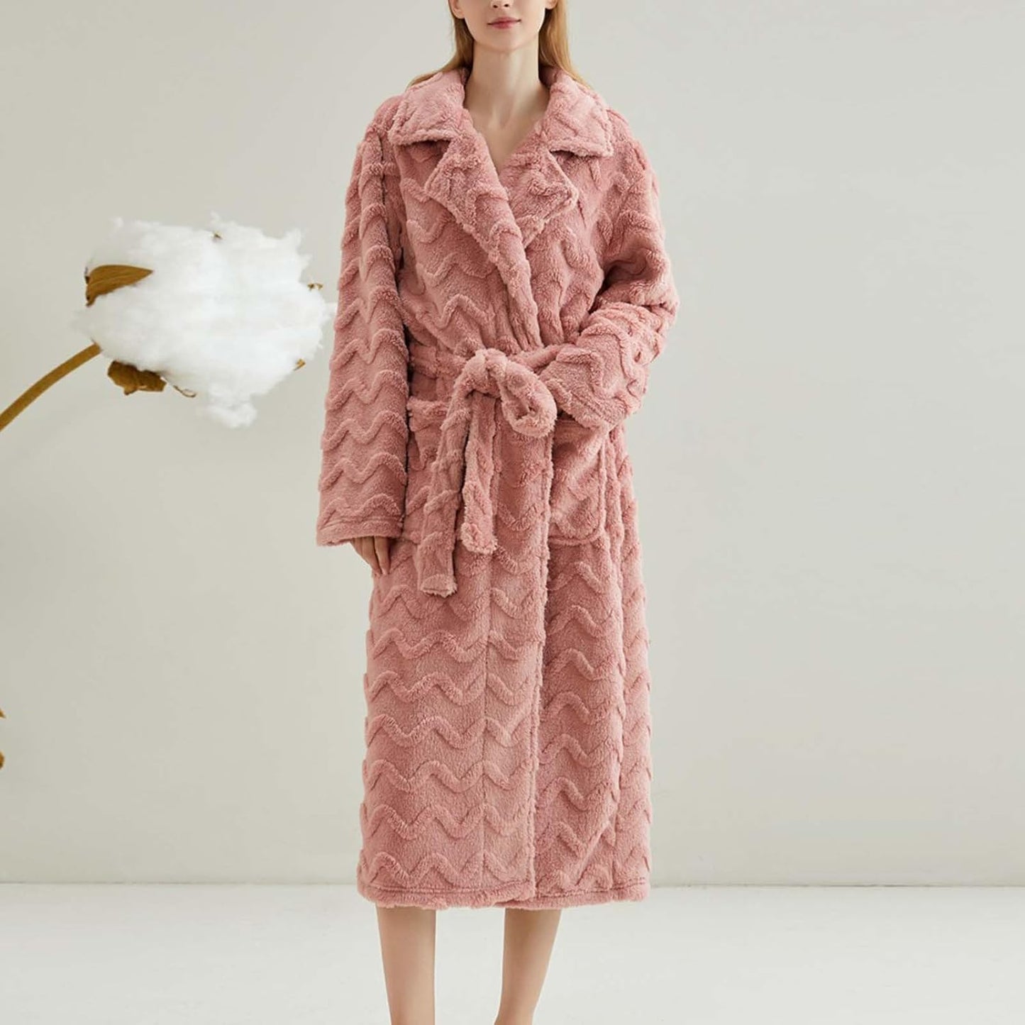 Fluffy Robes for Women Shawl Collar Thick Fleece Terry Cloth Robes Full Length Plush Bathrobes Housecoat with Belt