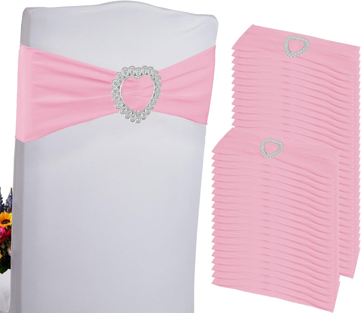 100PCS Spandex Stretch Chair Sashes Bows Universal Elastic Chair Cover Bands Ties with Buckle Slider for Wedding Party Birthday Reception Events Banquet Decoration(Pink)