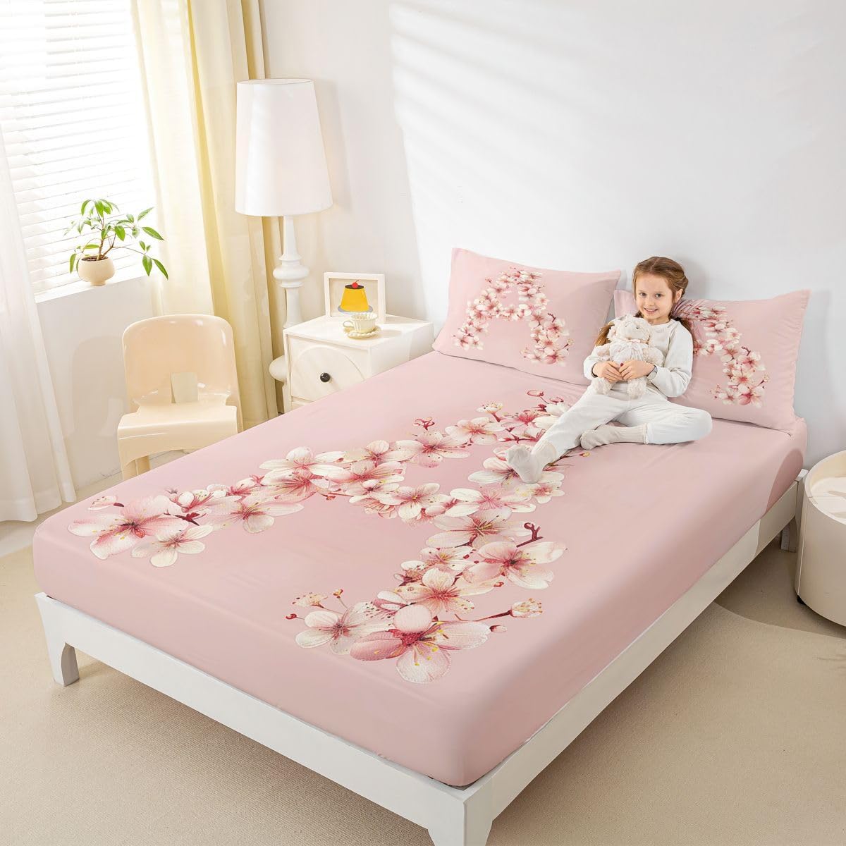 Feelyou Floral A Bed Sheets Set Queen Size Initial Letter Bed Set Romantic Flower Deep Pocket Fitted Sheet Breathable Soft Lightweight Microfiber