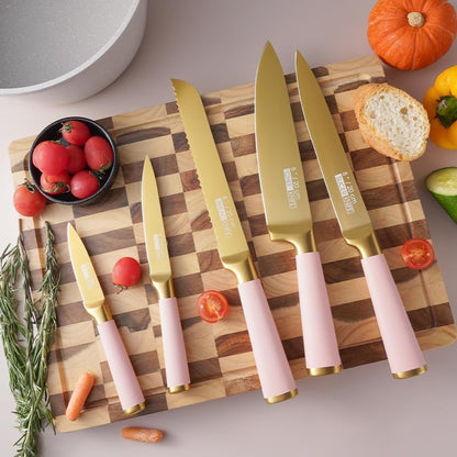 Pink Titanium-Plated Knife Set 7-Piece - Professional Kitchen Knives with Chef/Slicing/Utility/Honing Steel - Rose Gold Blades + Wooden Stand, Luxury Gift Box (Pink)
