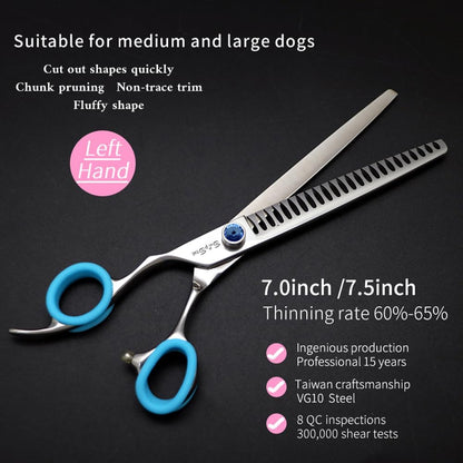 7.5in Left Handed Professional Dog Grooming Scissors Chunker, VG10 Steel Pet Shears Sharp Shark-Tooth Blade, 24 Teeth Dog Cutting Scissors for Groomer at Home Use, Thinning Rate 65%, Pink