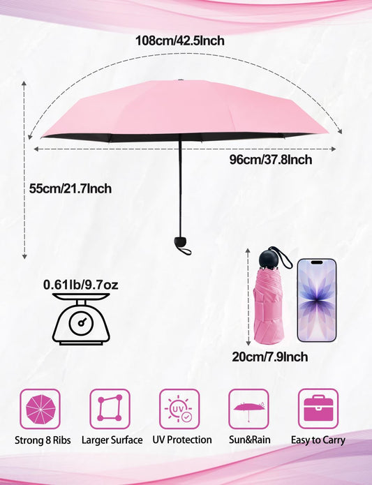 Mini Travel Umbrella Compact Small Size, UV Protection for Sun & Rain, Lightweight Folding, Wind Resistant, Small Backpack Purse Size for Women Kids