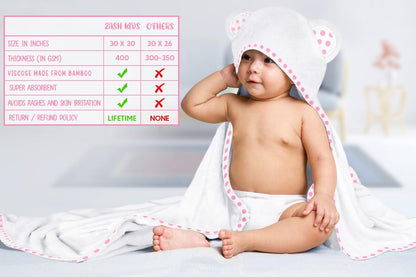 Set of 2 Hooded Baby Towels – White and Pink – Luxurious, Large and Super Absorbent – 30 x 30 Inch – Soft and Suitable for Infants, Toddlers and Kids – 400 GSM