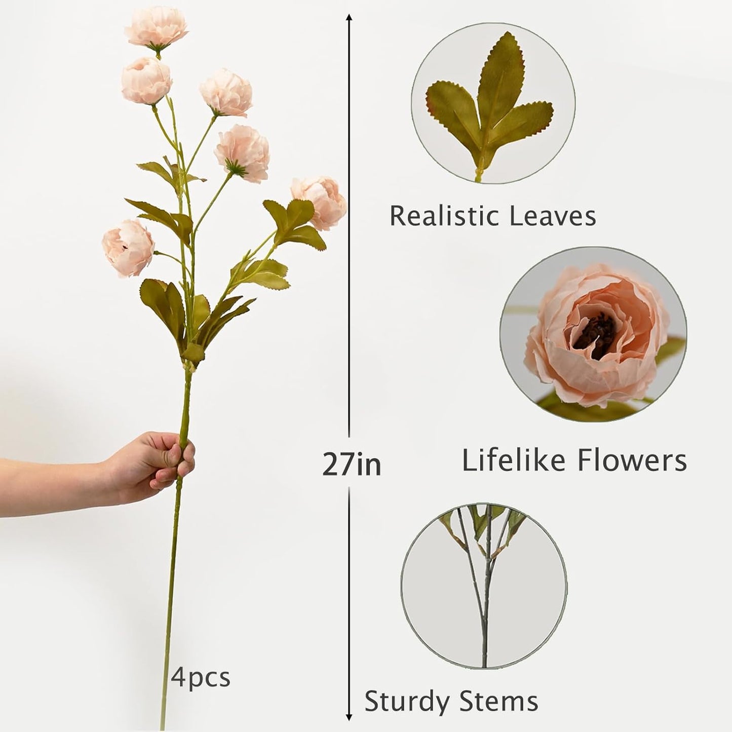 LADADA 4Pcs 27-Inch Faux Silk Peony Artificial Flowers with Stems, Bulk Fake Peony Branches for Vase, DIY Bouquets, Wedding Centerpieces & Party Decor Arrangements