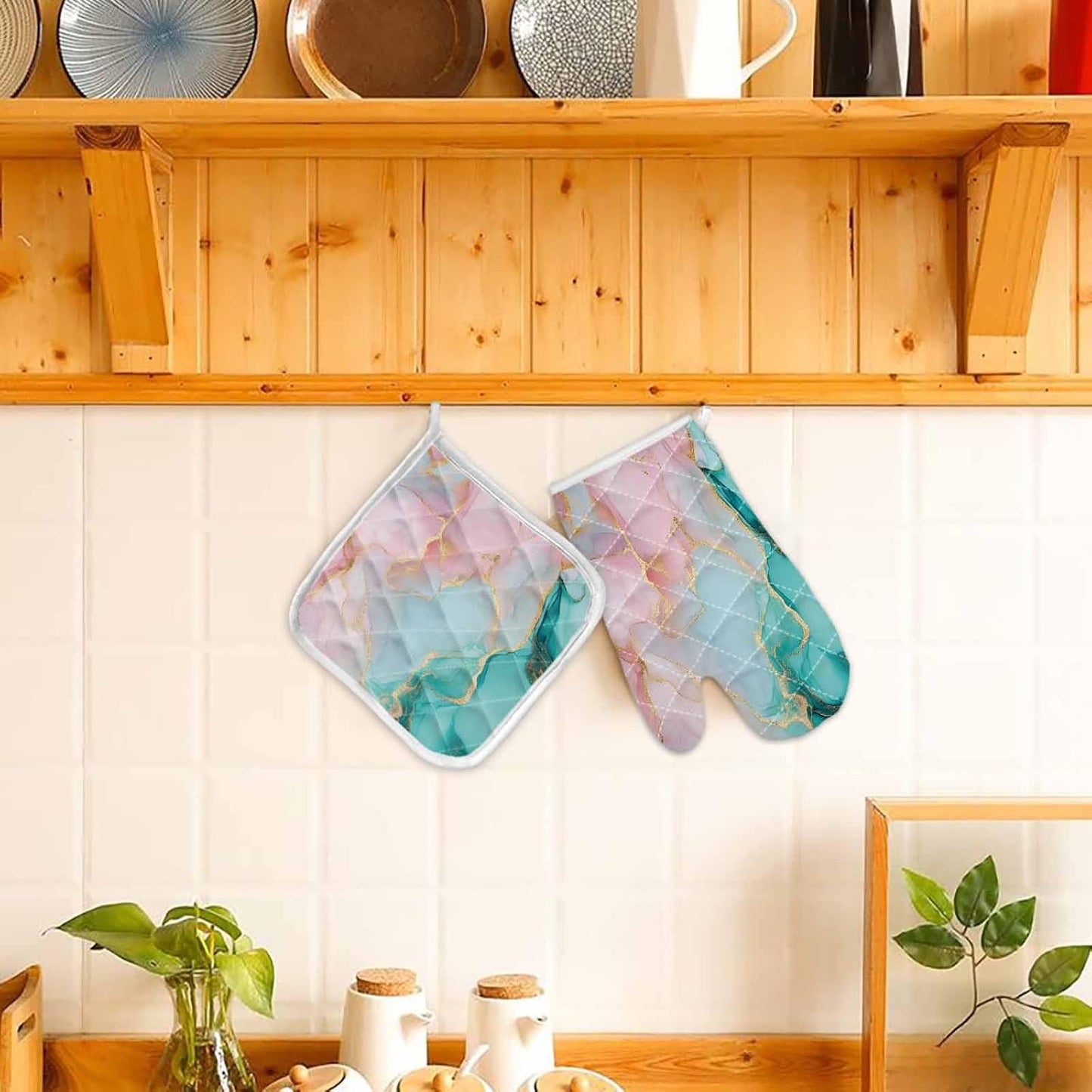 Quilted Cotton Terry Cloth Oven Mitt, Pot Holder Teal Light Pink Marble 2-Pack Kitchen Set, Heat insulation, Silicone Grip, Gift Set