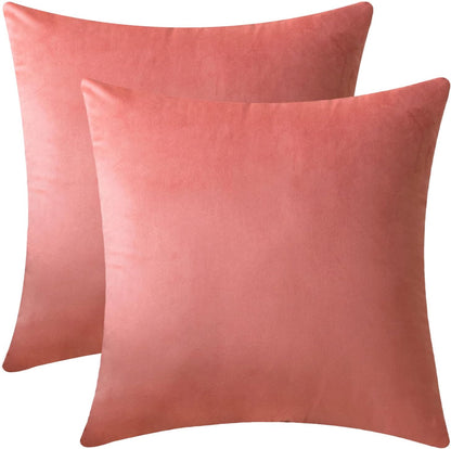 Set of 2 Salmon Pink Colored Solid Velvet Throw Pillow Covers, Cozy Soft Accent Pillow Cases for Sofa Couch Bed and Living Room - 18"x18"