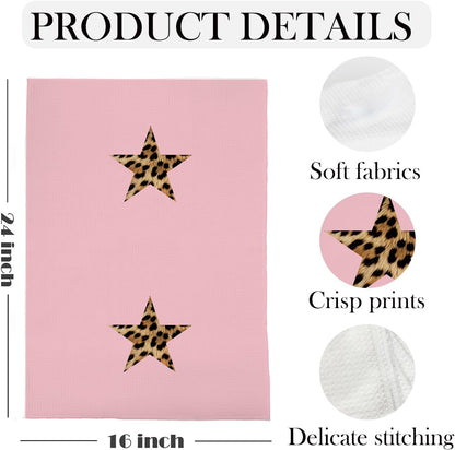 Preppy Pink Leopard Star Kitchen Towels Decorative, Trendy Y2K Girly Cheetah Print Hand Towels for Girls Dorm Bathroom Washroom Spa Yoga Room, 16x24 Inch Set of 2