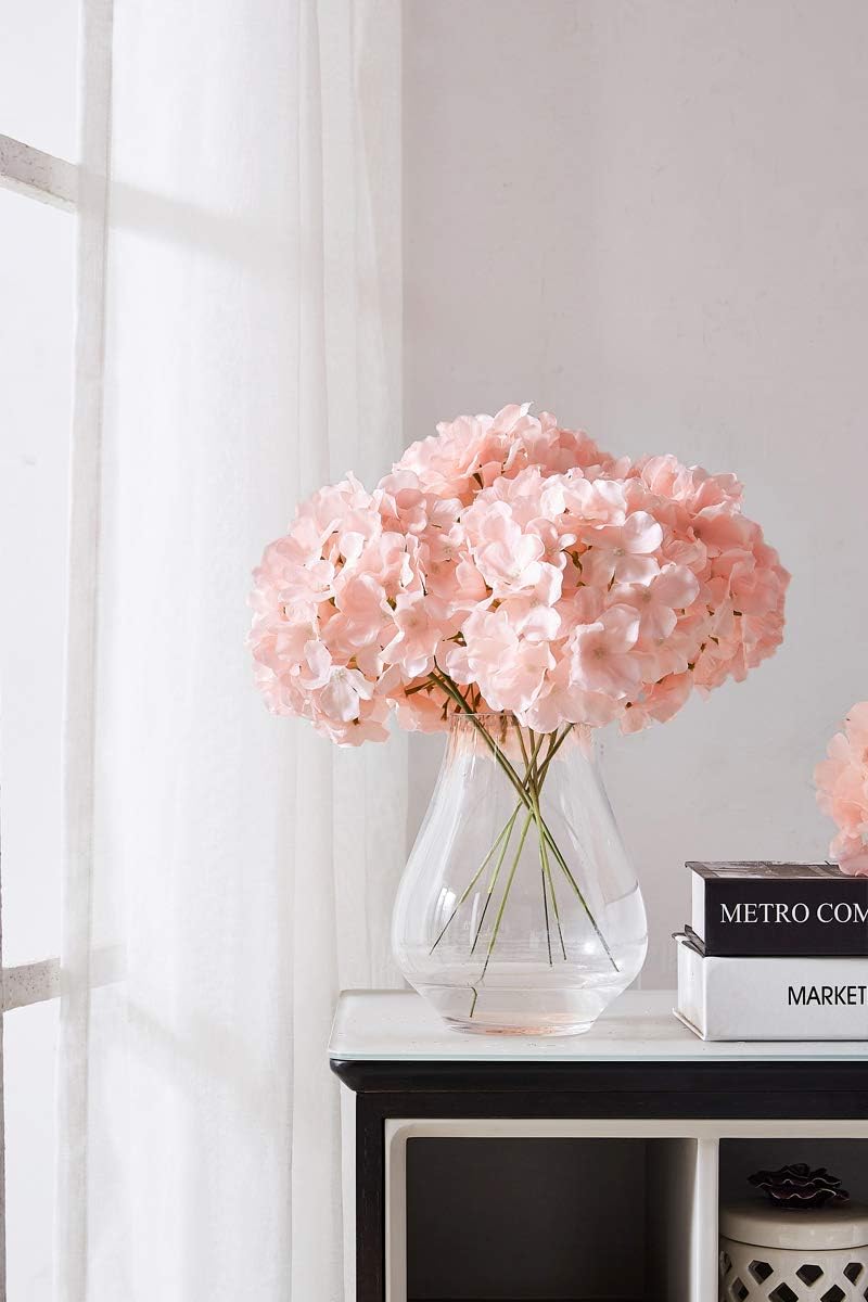 10Pcs Artificial Hydrangea Flowers Blush Heads Fake Hydrangea Silk Flowers for Wedding Centerpieces Bouquets DIY Floral Decor Home Decoration with Stems(VASE NOT Included)