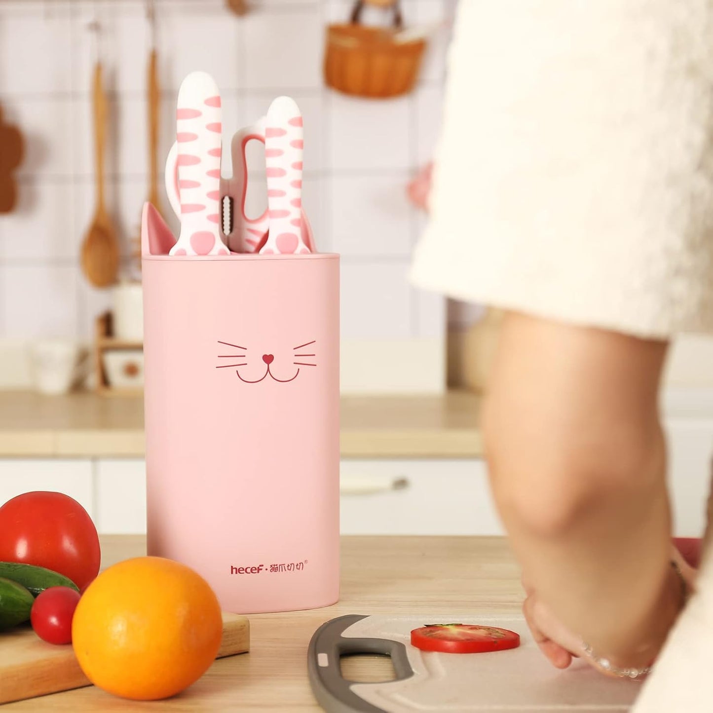 hecef Cute Kitchen Knife Set, Dishwasher Safe, 5-piece Non-Stcik Knives Set with Detachable Block and Scissors,Sharp for Chopping, Slicing, Dicing and Cutting (Pink)