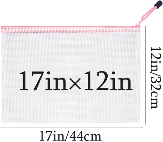 Mesh Zipper Pouch Bag, A3 Zipper File Bag for Organizing Storage, Waterproof, Pink, 17" x 12"/44cm x 32cm