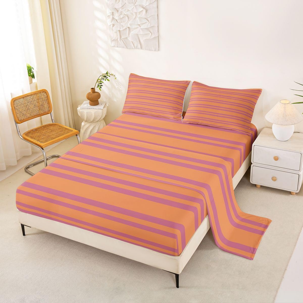 Erosebridal Peach Orange Modern Lines Sheets Queen Size for Kids Teens Adults | Geometric Abstract Striped Bed Sets Retro Classic Horizontal Stripe Sheets Minimalist Stripes Pattern Flat Fitted Sheet