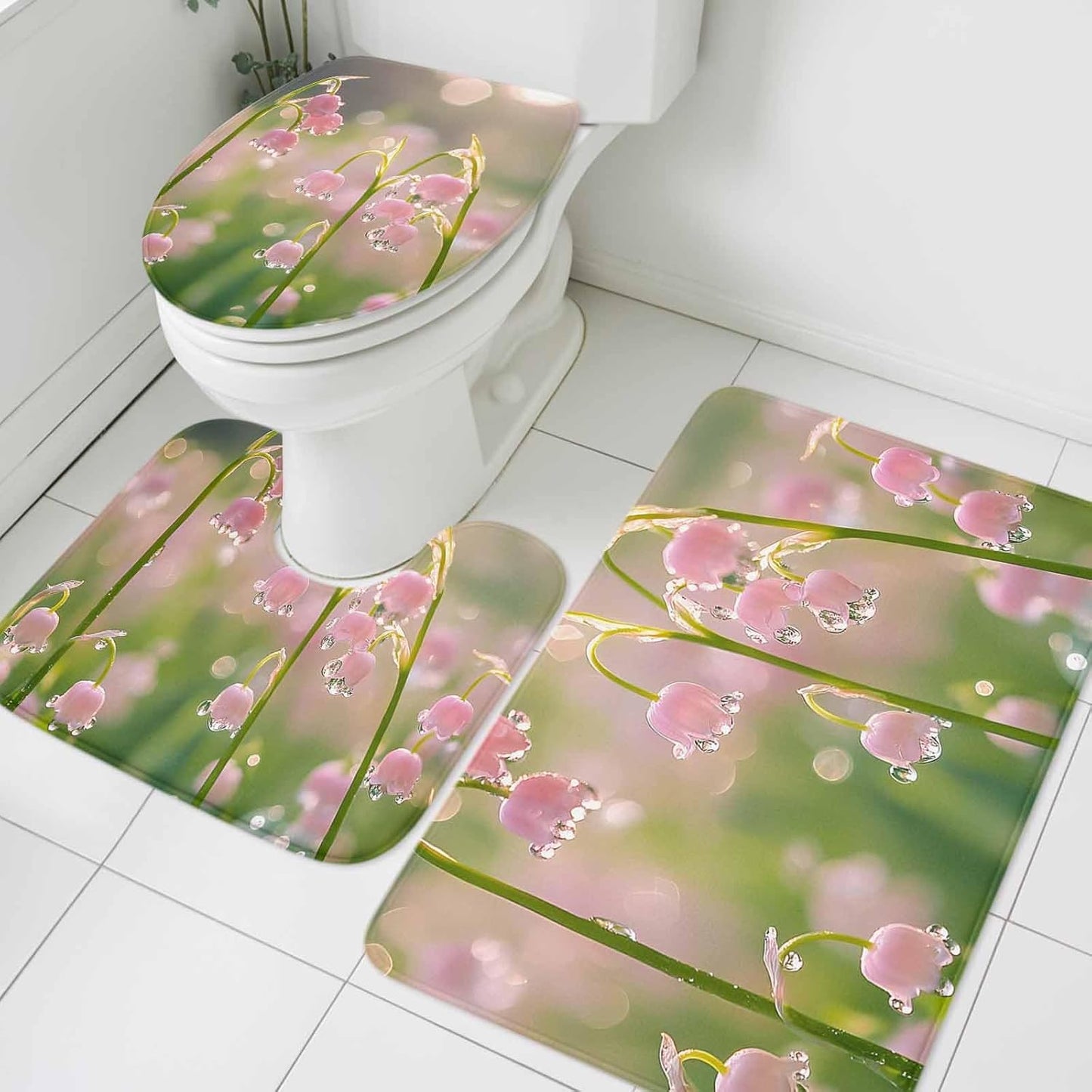 Bathroom Rugs and Mats Sets 3 Piece Pink Flower Bathroom Rugs Set Non Slip Water Absorbent Sunlight Dewdrop Scenery Shower Bath Mats U-Shape Contoured Toilet Mat Lid Cover 20"x31"+16"x18"+16"x20"