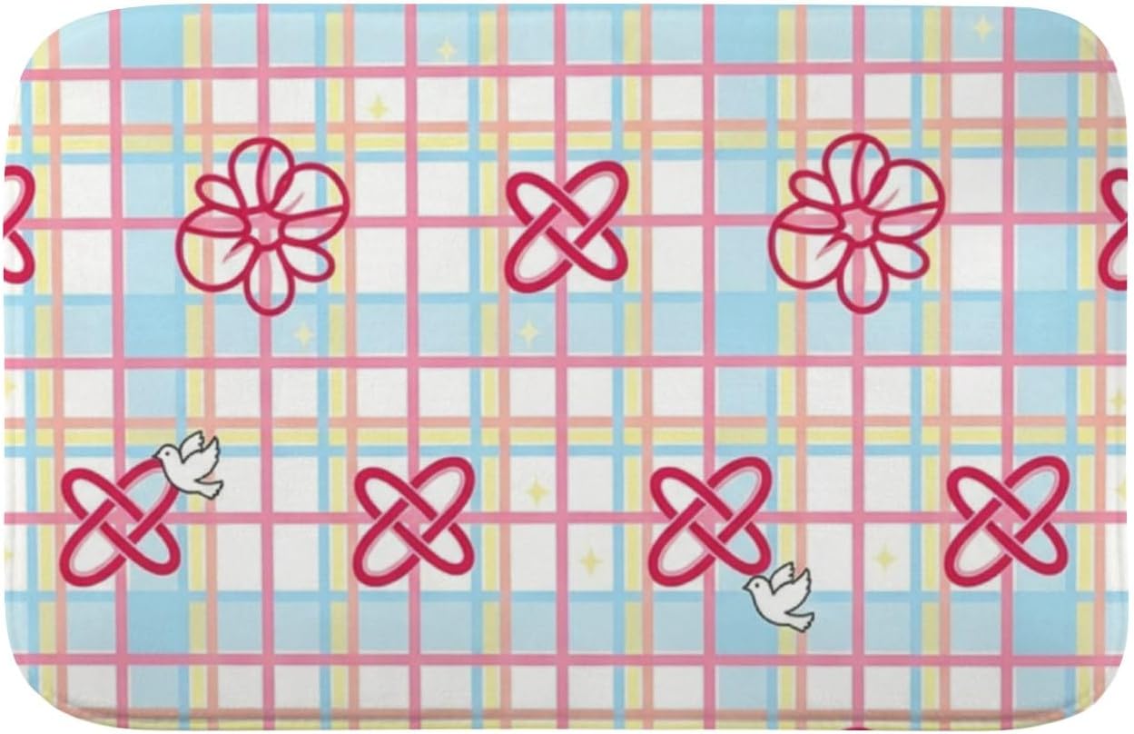 Washable Rug Pastel Checkerboard Pink Flowers Bows Holiday Bathroom Rugs Shower Mat Rubber Floor Mats for Home Traction Trap Water Non Slip Quick Drying Household Pet Floor Bathroom Decor 18 X 30in
