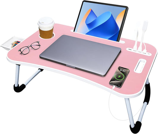 23.6 in Laptop Lap Desk, Foldable Laptop Table Tray with 4 USB Ports, 1 USB Charging Cable, Storage Drawer, Cup Holder, Bed Desk Stand Lap Tray Portable Standing Table for Bed Couch Floor