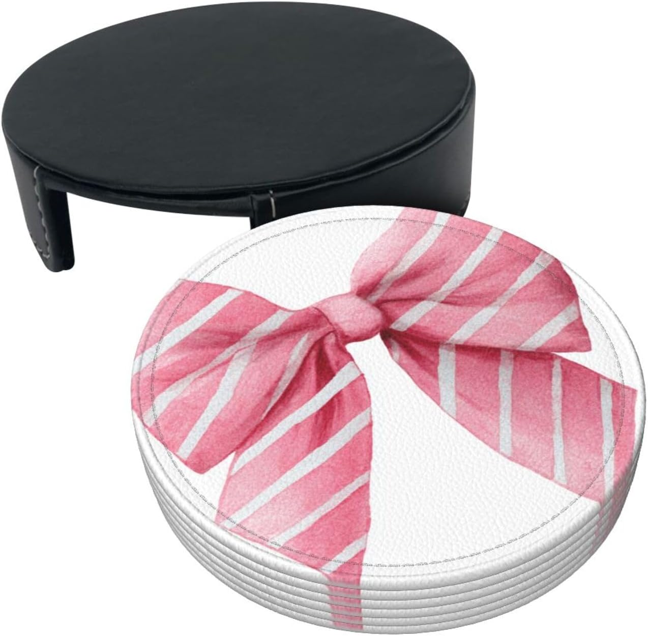 Light Pink Watercolor Bow with White Stripes Premium Leather Coasters, Set of 6 with Holder, Stylish Beverage Coasters for Kitchen Coffee Bar