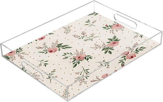 Vintage Floral Pink Serving Tray 12" x 16" Acrylic Trays with Handles Decorative Serving Platter for Coffee, Breakfast in Bed, Dinner, Appetizers, Patio, Party