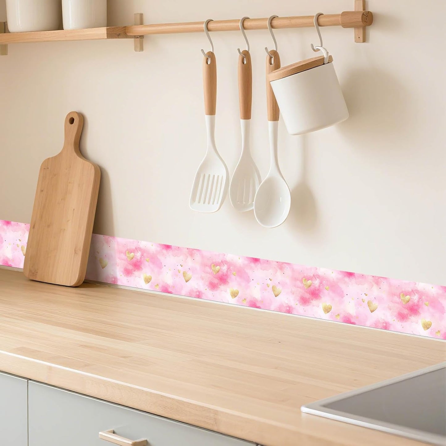 IVN Wallpaper Border Peel and Stick PVC Pink Watercolor Hearts Design 4x196 Inch for Bedroom Mirror Frame Kids Room Accent