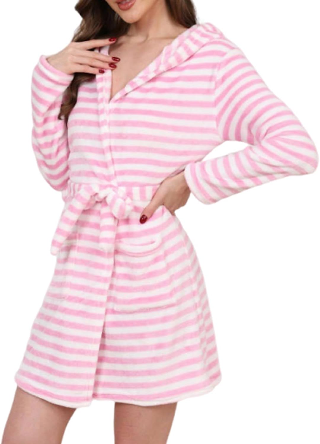 codcm Womens Printed Warm Fuzzy Robe Soft Plush Belted Short Hooded Bathrobe with Pockets