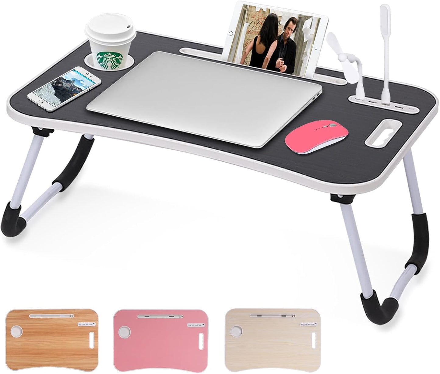 Lap Desk - Foldable Lap Desk with Storage Drawer, Cup Holder & Tablet Slot & DC USB Ports, Versatile Bed Desk, Bed Tray(23.6" L x 15.7" W x 10.6" H,Pink)