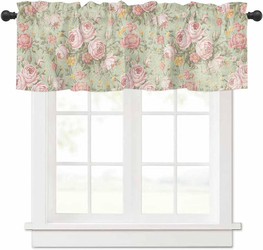 Yukro Valance for Windows Vintage Flower Pink Camellia Floral Sage Green Privacy Rod Pocket Window Treatment Valance Decorative Short Curtain Valance for Kitchen/Living Room/Bedroom 54x18in