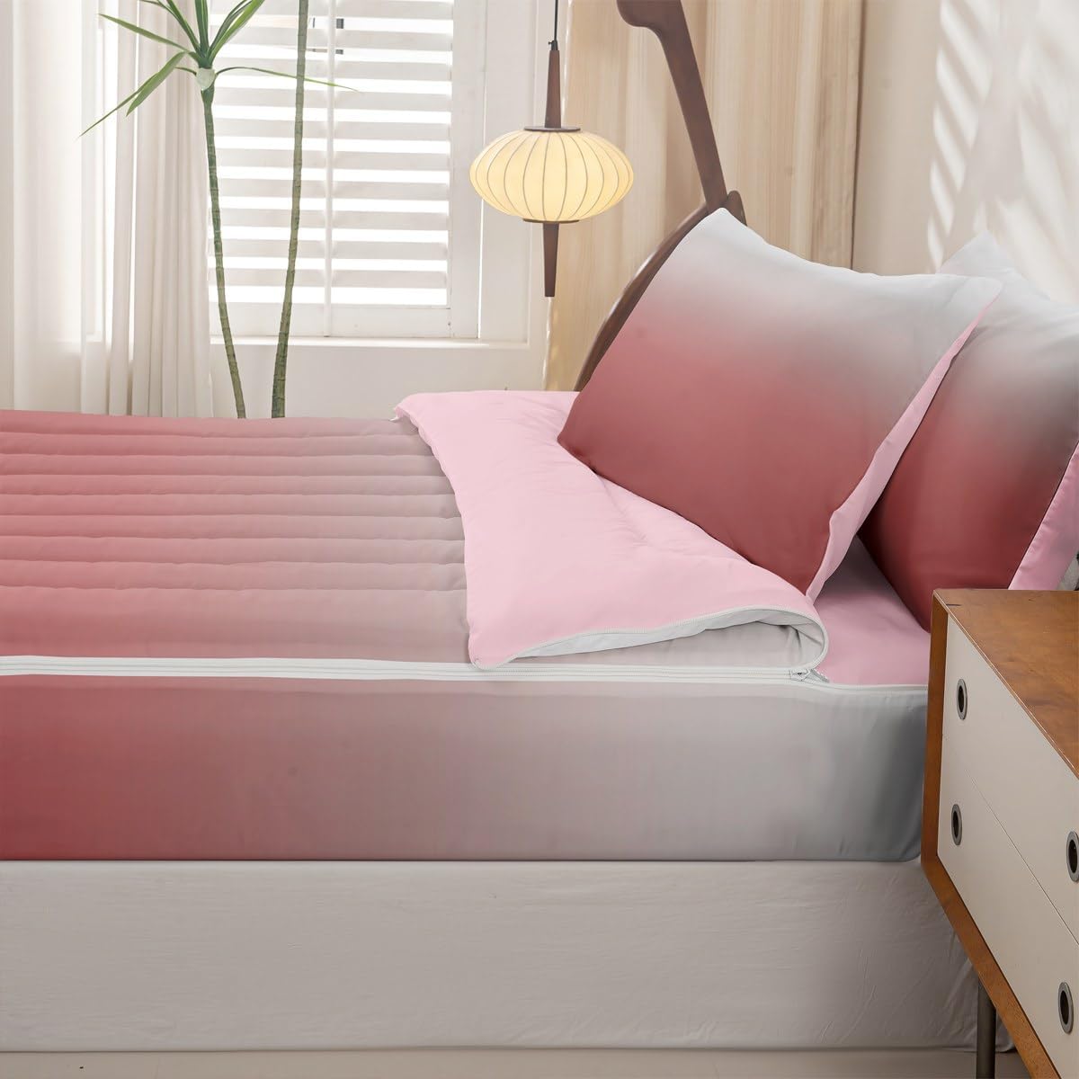Erosebridal Peach Zip Up Bedding Set Twin Abstract Ombre Zipper Comforter Set with Sheets Pink Girl Bed in a Bag White Coral Gradient Modern Art Bed Sets with 2 Pillowcases