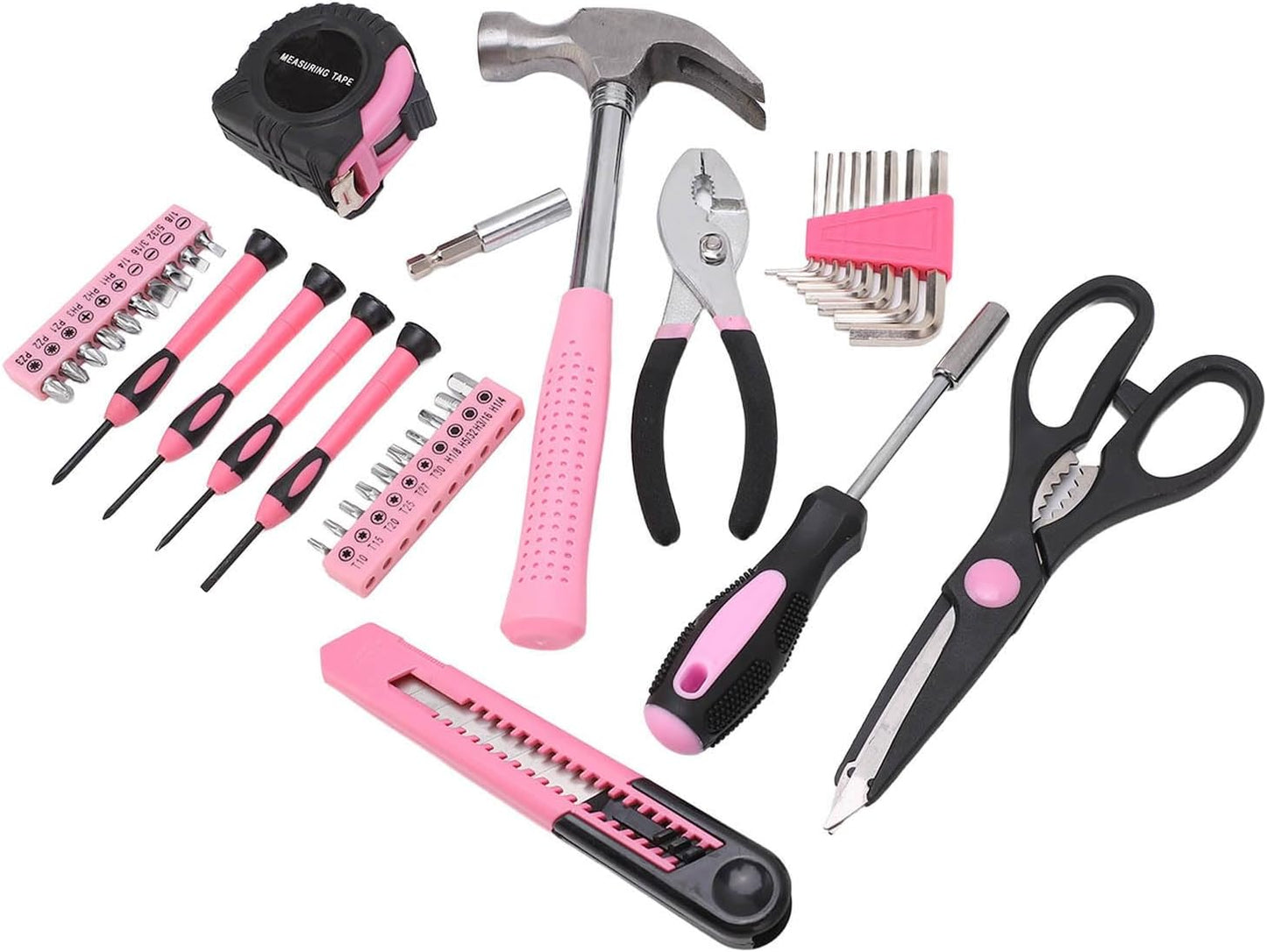 For Maintenance and Repair - 39 Piece Household Tool Kit - Pink and Black Hand Tool Set Including Claw Hammer Screwdriver Hex Wrench Pliers Tape Measure and Utility Knife with