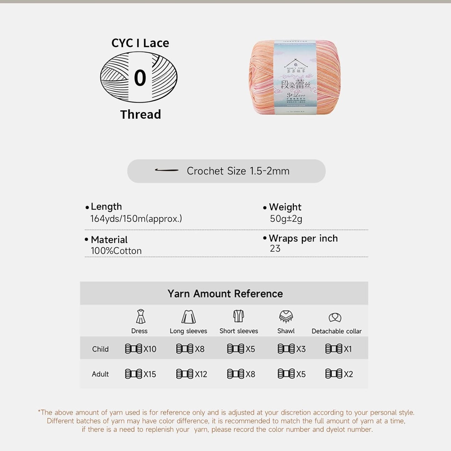 Susan's Family Fancy Dyed Lace Yarn 3 Packs- 3 x 50g - Peach Soda | Soft & Durable 100% Cotton yarn 164 Yards for Knitting & Crocheting - Doily, Table Runner, Amigurumi