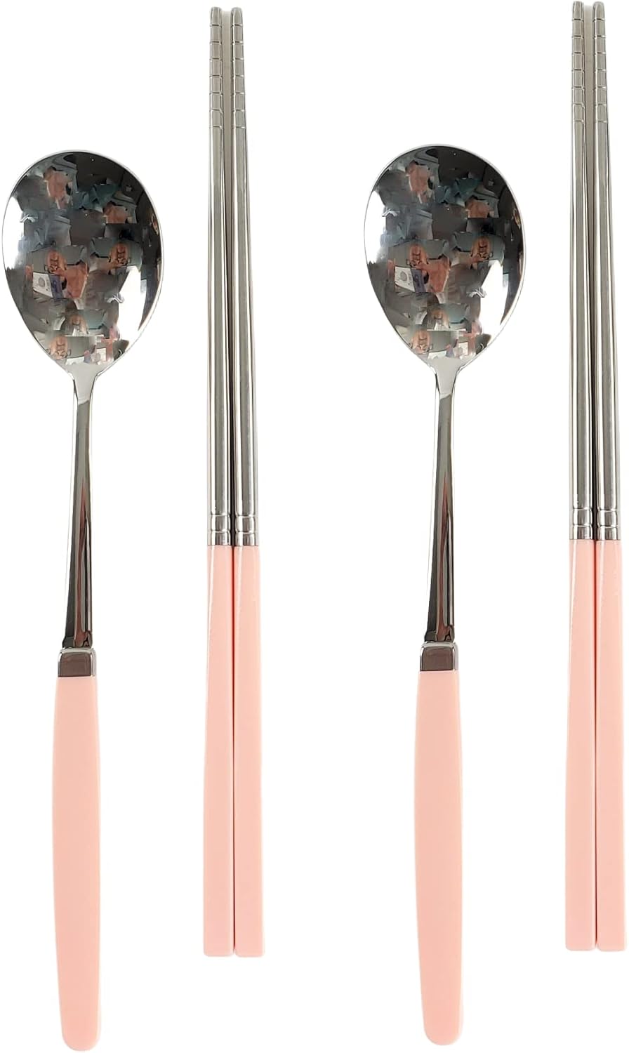 Modern Stainless Steel Spoon and Chopsticks Set of 2 – Lightweight, Dishwasher Safe, Reusable Premium Flatware for Daily Dining, Party, Event or Gift, Made in Korea (Soft Pink)