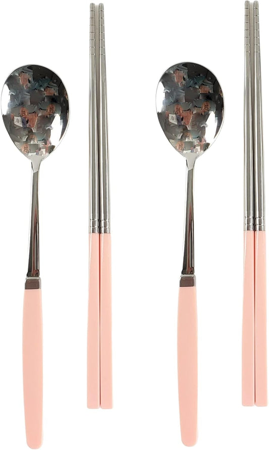 Modern Stainless Steel Spoon and Chopsticks Set of 2 – Lightweight, Dishwasher Safe, Reusable Premium Flatware for Daily Dining, Party, Event or Gift, Made in Korea (Soft Pink)