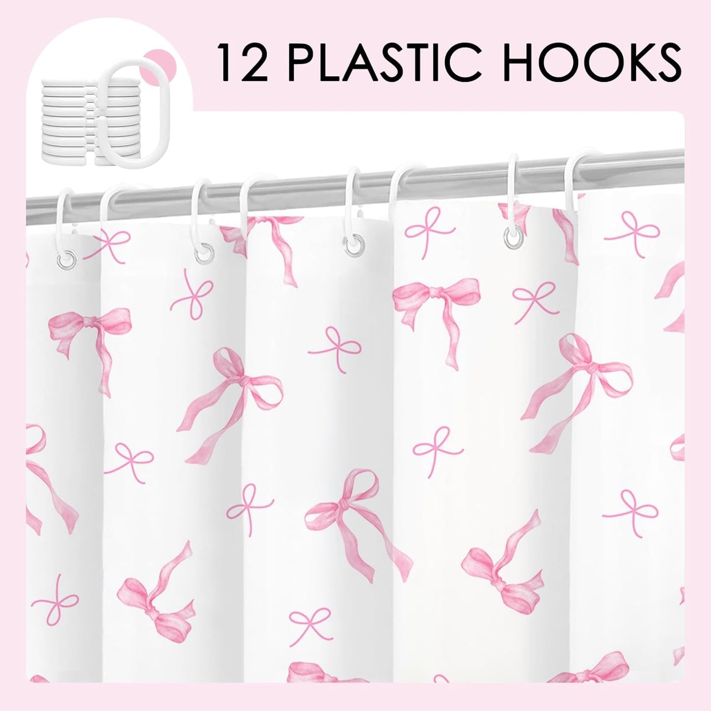 Mocsicka Pink Shower Curtain Coquette Preppy Bow Shower Curtain for Bathroom Modern Aesthetic Fabric Shower Curtain Set with Hooks 71x71 Inch (Pink, 71x71 inch)