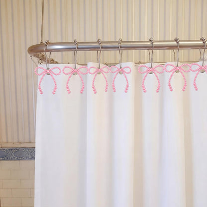 Novabright 12 Pcs Pearl Bow Shower Curtain Hooks Decorative Elegant Bowknot Shower Curtain Rings Hangers for Standard Rods Bathroom Baby Room Decoration (Pink)