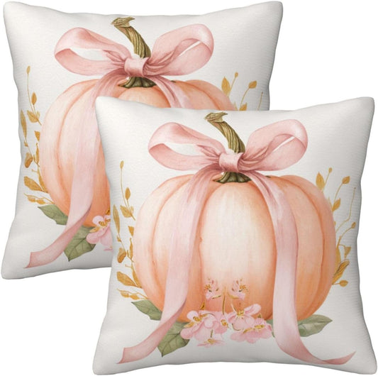 Pastel Peach Pumpkin Large Pink Bow Throw Pillows Covers, Couch Sofa Pillow Cases,Zipper Bedding Cushion Cases for Living Room,18x18 Inch