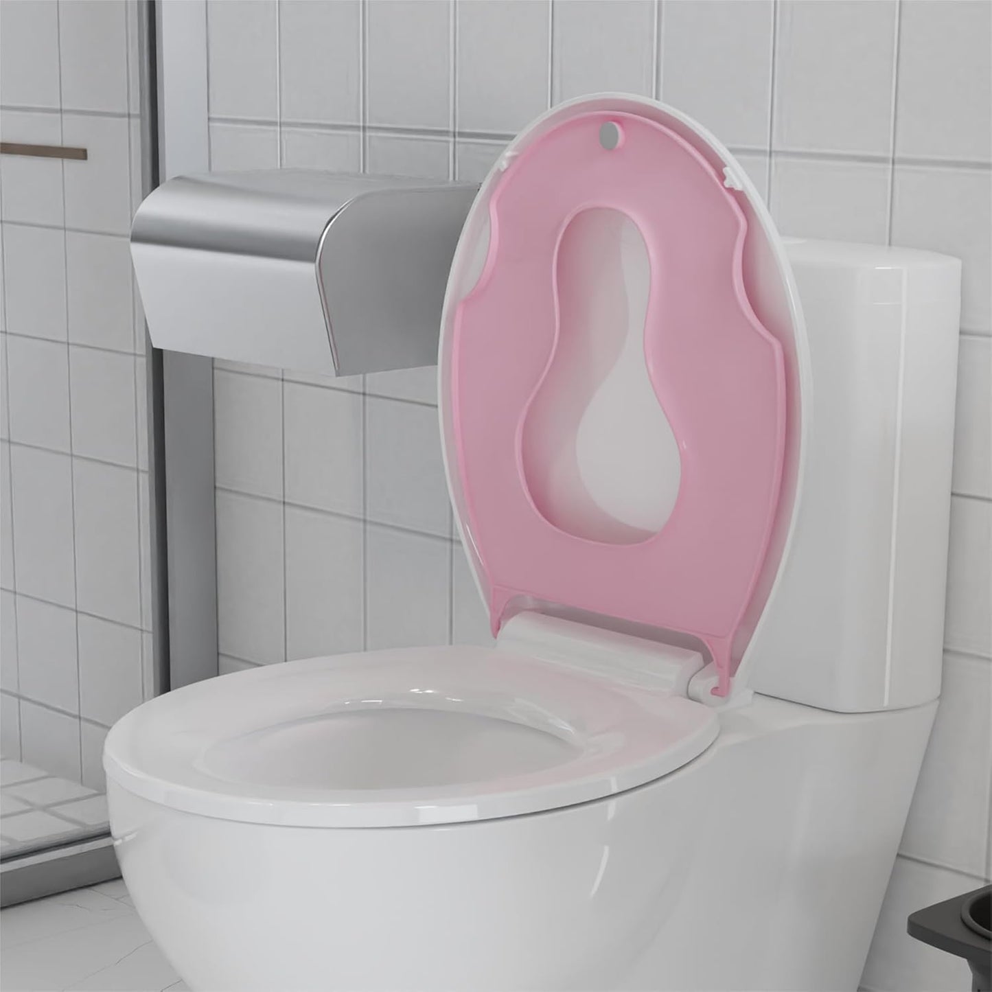 Round Toilet Seat with Built In Potty Training Seat, White Pink Family Toilet Seat, Soft Close Plastic Toilet Cover for Adults and Toddlers, Easy Clean Standard Bathroom Seat