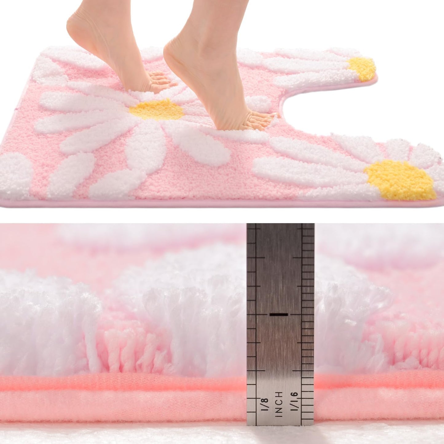 QJHOMO Toilet Rugs U Shaped, Pink Toilet Mat Cute Daisy Contour Bath Rug 20"x20", Extra Thick Soft Machine Washable Toilet Carpet, Non Slip Bathroom Floor Mats Super Absorbent Microfiber Bath Rugs